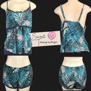 Secret Treasures Teal Tropical Leaf Print Pajama Sleepwear Set Camisole Shorts L